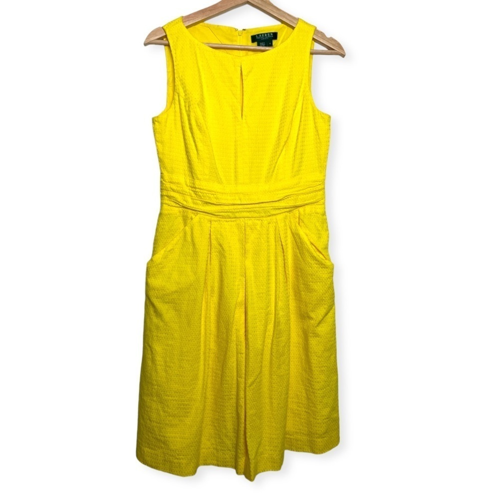 Lauren‎ Ralph Lauren 100% Cotton Bright Yellow Pleated Front Spring Dress Size 4